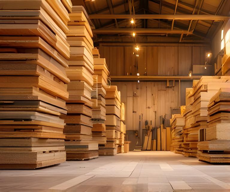 Geordneter Holzstapel mit unterschiedlichen Brettern und warmem Werkstattlicht