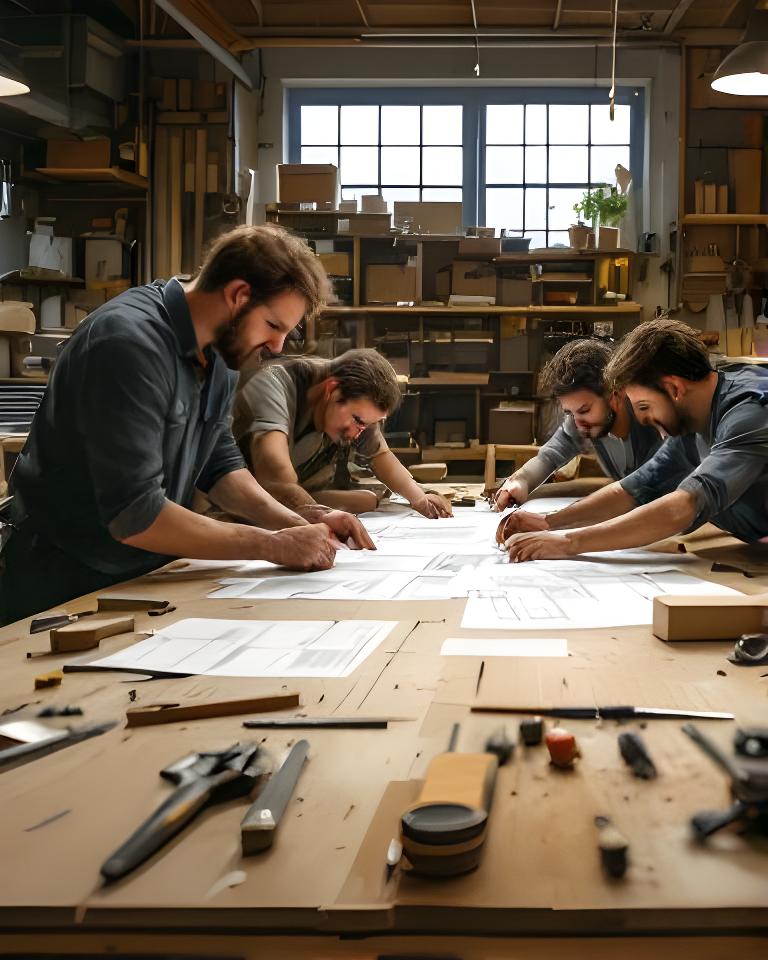 Team bei der gemeinsamen Arbeit an einem Holzprojekt mit Zeichnungen und Werkzeugen auf dem Tisch