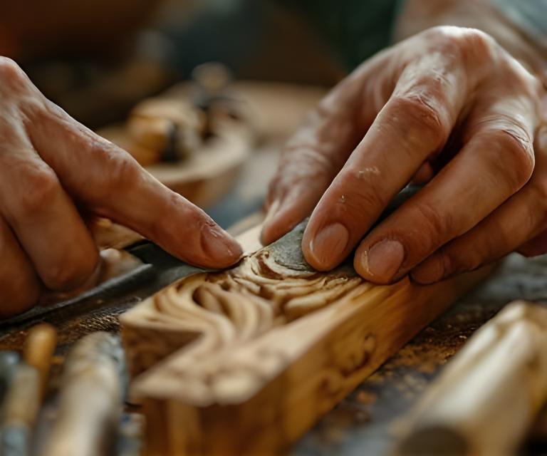 Nahaufnahme einer Hand beim feinen Schleifen eines Holzdetails auf der Werkbank