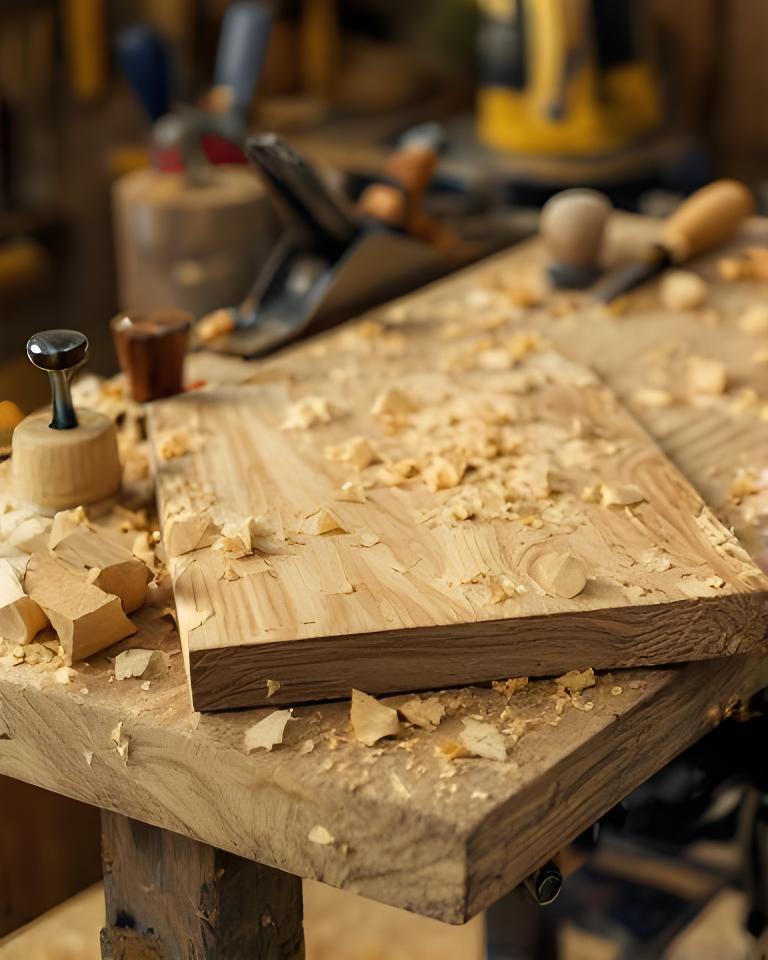 Hobelbank mit Werkzeugen und Holzspänen neben einem frisch bearbeiteten Eichenbrett