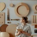 Noemi Caduff mit Zeichenblock und Holzmustern in der hellen Werkstatt